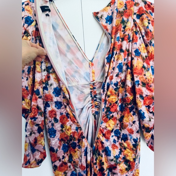 ISABEL MARANT Gilalbi ruched floral-print stretch-velvet midi dress orange US 10 - Picture 14 of 17